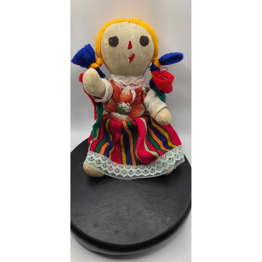 Vintage Mexican Cloth Rag Doll Handmade Folk Art Striped Skirt Yellow Yarn Hair